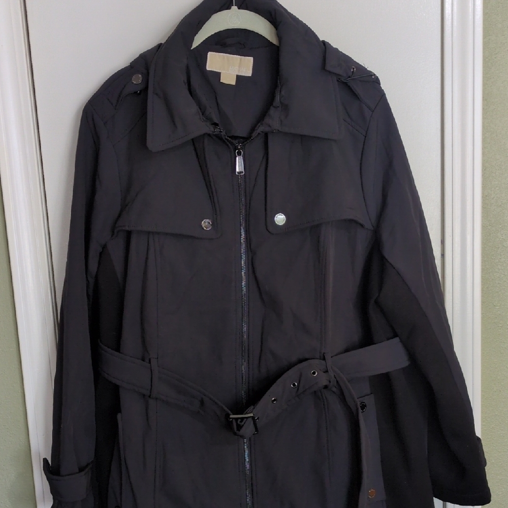 Michael Kors Black Trench Coat with Zipper Closure and Belt